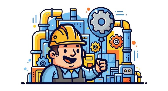 Happy Industrial Worker Cartoon Illustration.