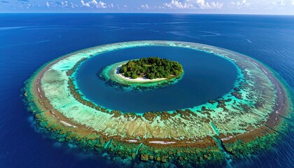 Naklejka premium Circular Coral Reef Surrounding a Lush Green Island in a Deep Blue Ocean with Clear Skies and Sunlight