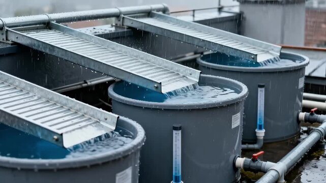 Medium frame showing roofmounted rainwater harvesting equipment with channels guiding rain into storage containers during a light shower.