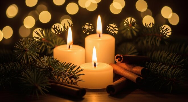 Close-up of burning candles surrounded by pine branches