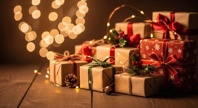 Warm cozy Christmas still life with wrapped gifts.