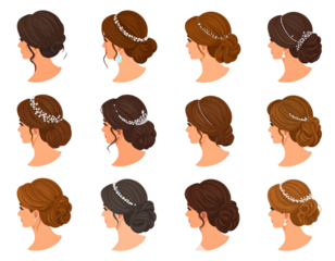 Bridal Hair Styles. Isometric vector illustration set Bridal Hair and Tiara Styling Ideas: low bun with tiara above, half-up hair