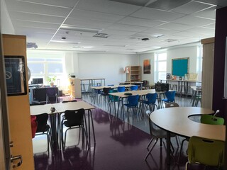 modern kitchen interior, school, cafeteria 