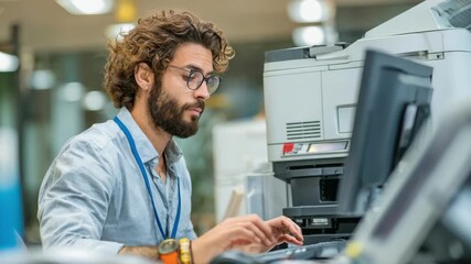IT specialist responding to emergency oncall service quickly troubleshooting and repairing a malfunctioning printer to minimize downtime.