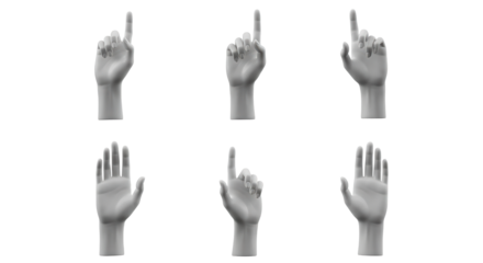 Six Gray Human Hands Gesturing With One Finger Pointing Up or Open Palm Isolated Transparent Background