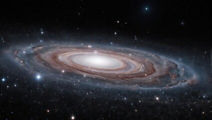 Spiral galaxy in deep space, with numerous stars.  Vast cosmic expanse