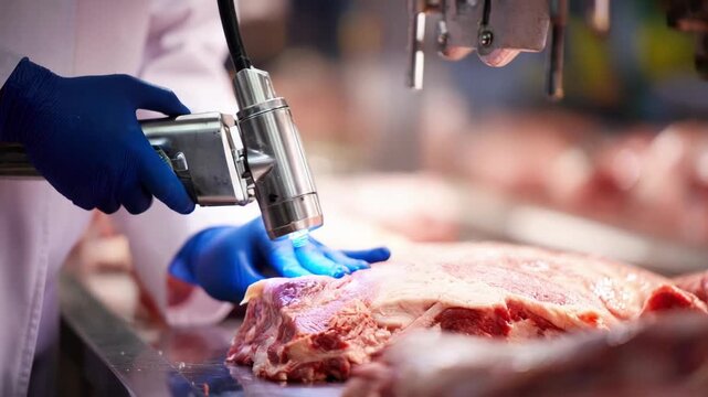 Medium shot of a technician using mechanical tools to test carcass firmness and detect imperfections during inspection.
