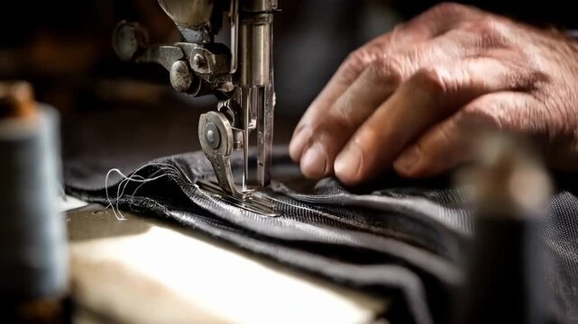 Tailor carefully hems the bottom of a pair of pants using precision tools to achieve a clean and professional finish in an inhouse garment alteration setting.