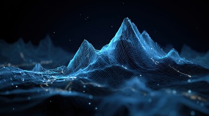 A digital visualization of a dynamic, glowing blue mountain range composed of interconnected lines and points against a dark .