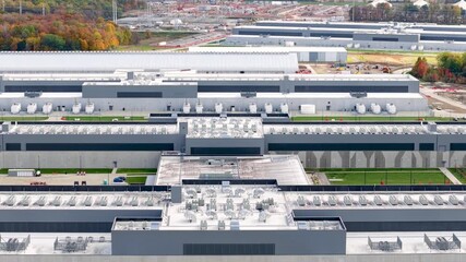 Massive Data center aerial view at the suburbs of Columbus city, ohio. - Powered by Adobe
