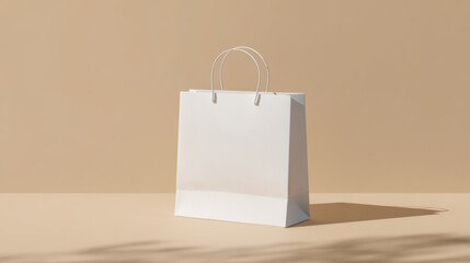 A plain white shopping bag with handles placed on a neutral , ready for retail or gift purposes.