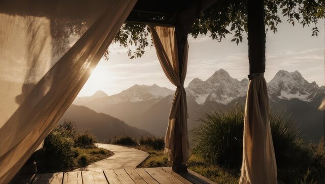 Sunrise vista from a wooden deck, draped in soft beige fabric, overlooking a mountain range - Powered by Adobe