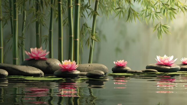 Serene water feature with smooth stones, blooming water lilies, and lush bamboo in a tranquil garden setting.