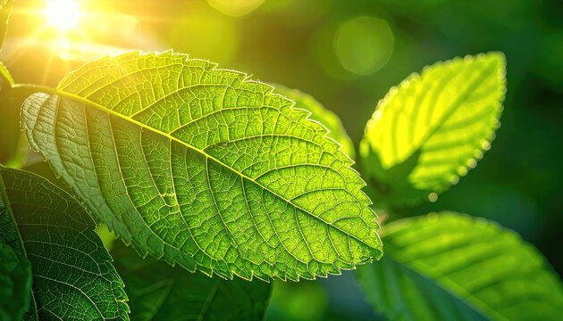 Bright green leaves with sun rays shining through in a garden with a bokeh background in the daytime