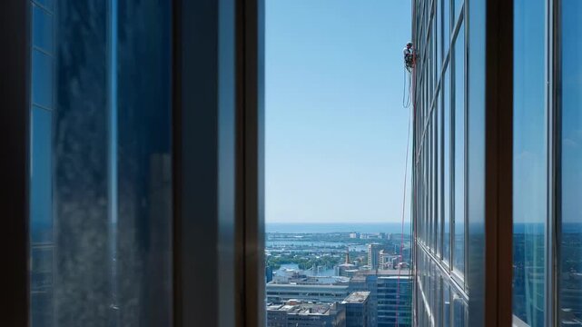 Medium shot capturing an automated wallcleaner smoothly ascending glass panels in a highrise building showcasing its suction pads and precise movements.