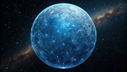 A glowing blue sphere connected by lines against a dark cosmic background, suggesting a digital or technological theme in space.