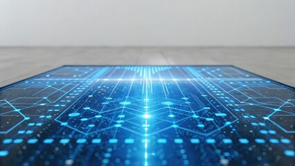 A futuristic, glowing digital interface rests on a floor, showcasing intricate patterns and data structures in vibrant blue tones.