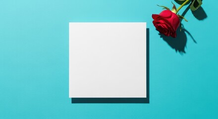 Blank white square with a red rose on a blue background.