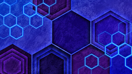 Abstract Technology Background with Textured Hexagons in Deep Blue and Purple, Featuring Bright Neon Glowing Lines for Digital and Sci-Fi Concepts