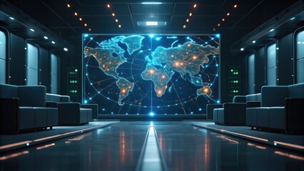 A high-tech room features a large illuminated world map display, surrounded by modern seating and ambient lighting, creating a futuristic atmosphere.