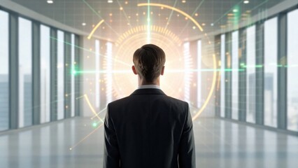 A professional man stands in a modern office, gazing towards a futuristic digital interface with geometric patterns and glowing elements.