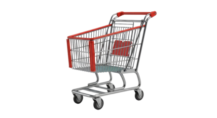 Empty metal shopping cart with a chrome frame red plastic handle and corner guards.