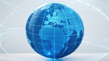 A digital globe illuminated in blue, featuring a grid pattern that highlights geographical features, representing global connectivity and technology.