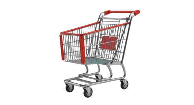 Empty metal shopping cart with a chrome frame red plastic handle and corner guards.
