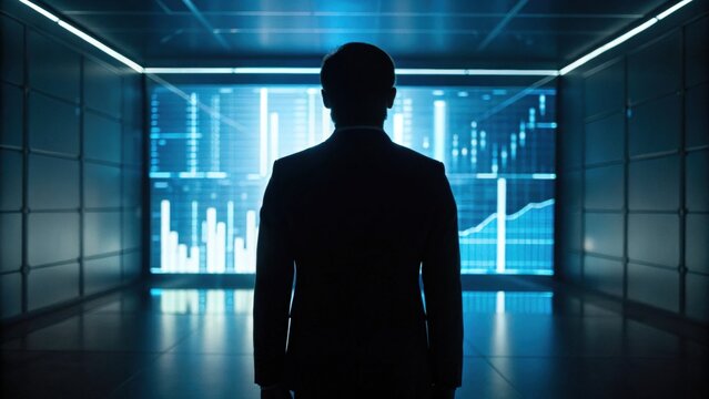A silhouette of a man in a suit stands before a large digital screen displaying financial graphs and data in a futuristic environment.
