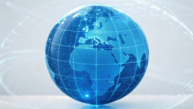 A digital globe illuminated in blue, featuring a grid pattern that highlights geographical features, representing global connectivity and technology.