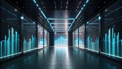 A futuristic corridor featuring glowing blue data visualizations on the walls, creating a high-tech atmosphere.
