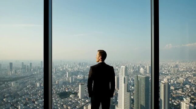 Businessman standing in front of a large glass window, looking out at the city skyline, representing the idea of of clear vision and a long-term perspective in achieving business success