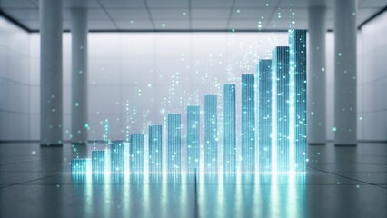 A futuristic 3D graph showcasing growth in a sleek, modern space, illuminated by digital effects, symbolizing data and progress.
