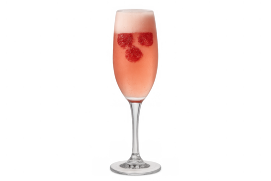 Pink cocktail with bubbles and fresh raspberries in a champagne glass, perfect for special occasions and upscale gatherings