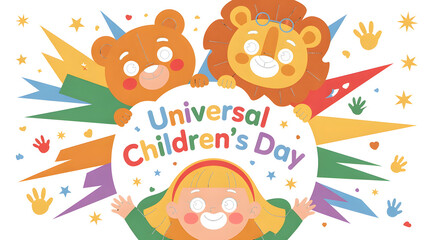 Cheerful cartoon bear and lion celebrate Universal Children's Day isolated on a transparent background