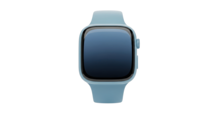 Modern smartwatch with a light blue case and band featuring a blank dark screen and a digital crown.