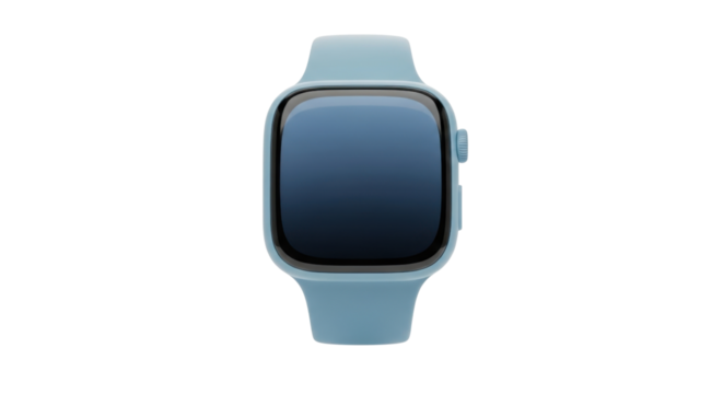 Modern smartwatch with a light blue case and band featuring a blank dark screen and a digital crown. - Powered by Adobe