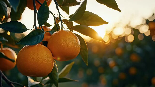 Ripe oranges on a tree branch bathed in warm sunlight during golden hour, nature's bounty