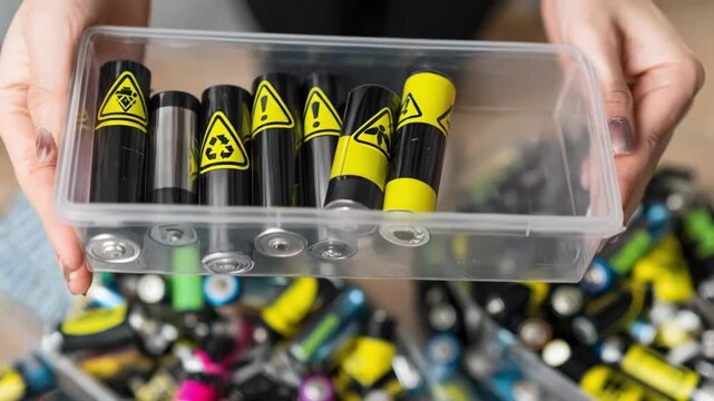 Individual sorting used batteries into a designated recycling box with clear hazardous material labels at home.