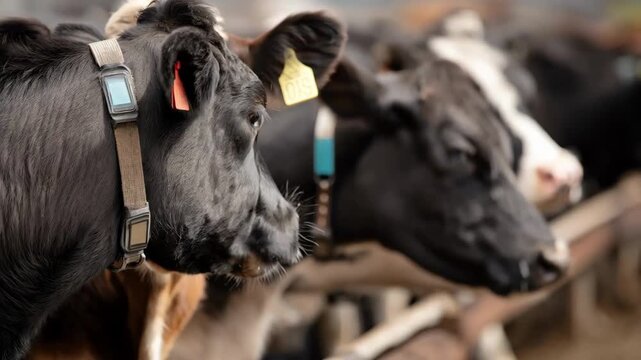 Medium shot of sensor devices attached to livestock capturing realtime health and behavior data for precision livestock farming applications