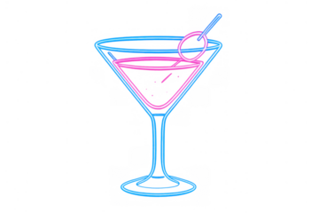 Neon martini cocktail sign glowing with blue and pink light, a vibrant bar or nightclub symbol, transparent background