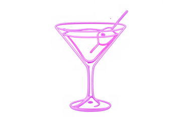 Pink neon cocktail glass with cherry and straw for party, bar, drinks, or nightlife on transparent background