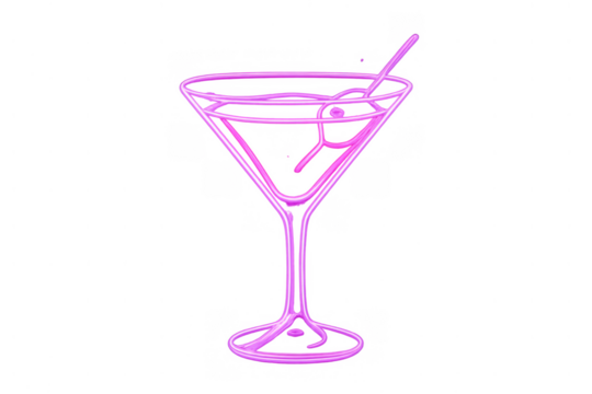 Pink neon cocktail glass with cherry and straw for party, bar, drinks, or nightlife on transparent background