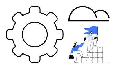 Gear icon, teamwork figures assembling puzzle, and a cloud symbolizing collaboration, innovation, goal achievement, problem-solving, process optimization, leadership and digital transformation. A