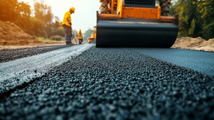 Asphalt pavement workers are actively engaged in laying new asphalt on the road.