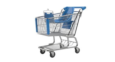 Empty metal shopping cart with a blue plastic child seat and handle.