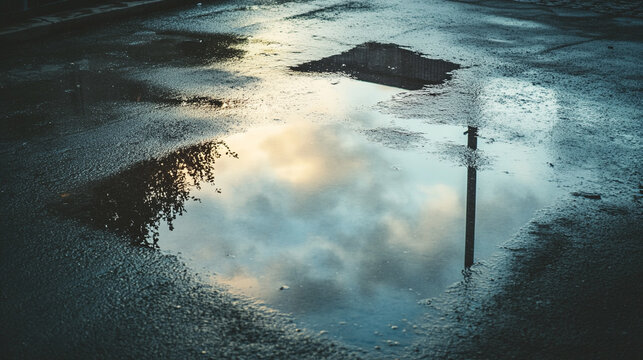 Wet concrete reflects the morning sky like an industrial mirror, creating a serene, hyperrealistic scene blending urban texture with natural light.