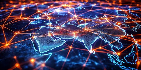 Blue abstract digital map representation of Asia featuring intricate lines and dots.