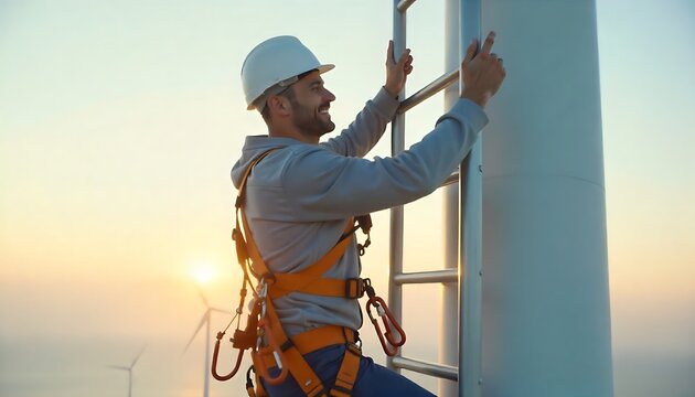 Smiling engineer climbing wind turbine ladder at sunset, promoting sustainable energy and renewable power solutions with optimism
