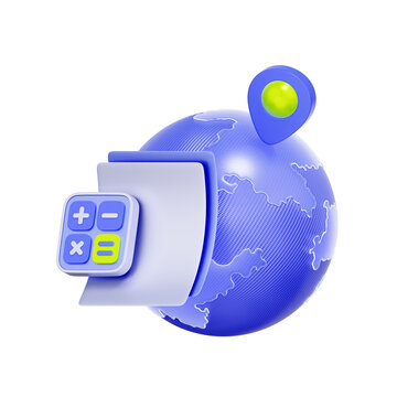 3D icon of a globe with a document, calculator, and map pin For international tax calculation, global financial reporting, planning overseas budgets, and calculating travel expenses.